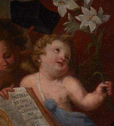 Zdjęcie nr 17: Obraz w kształcie stojącego prostokąta przedstawia klęczącego przed ołtarzem z obrazem Misericordia Domini św. Jana Kantego. Święty ukazany w trzech czwartych, z prawą ręką na piersi, a lewą opuszczoną ku dołowi i odchyloną do tyłu. Jego głowa jest ukazana z profilu, oczy zwrócone w kierunku obrazu. Nos jest podłużny, siwe włosy jedynie na tyle głowy, twarz okala krótka, kręcona, siwa broda. Święty ubrany jest w czarną togę z szerokimi rękawami, o czerwonych mankietach i brzegach, z białym, krótkim kołnierzem i białą załogę (pelerynkę). Na ołtarzu o wklęsłych bokach i czerwonym antepedium dzielonym brązową kratą z dwoma świecznikami i kanonem (fragmentami modlitw) w ozdobnej, złotej ramie znajduje się owalny obraz ze sceną Misericordia Domini – Matką Boską z rękami w geście modlitwy, stojącą przed Chrystusem w studni, nalewającym krew z przebitego boku do kielicha. Przed ołtarzem siedzą dwa putta, jedno obleczone na biodrach niebieską opaską, drugie zasłonięte trzymaną przez oba putta otwartą księgą, w dłoniach trzymają czarny biret i kwiat lilii. W prawym górnym rogu rozpostarta zasłona, za którą fragment wnętrza kościoła z arkadą i widoczną w głębi wnęką z figurą apostoła.     

