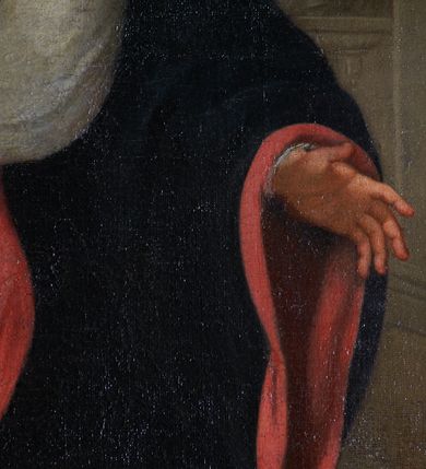 Zdjęcie nr 27: Obraz w kształcie stojącego prostokąta przedstawia klęczącego przed ołtarzem z obrazem Misericordia Domini św. Jana Kantego. Święty ukazany w trzech czwartych, z prawą ręką na piersi, a lewą opuszczoną ku dołowi i odchyloną do tyłu. Jego głowa jest ukazana z profilu, oczy zwrócone w kierunku obrazu. Nos jest podłużny, siwe włosy jedynie na tyle głowy, twarz okala krótka, kręcona, siwa broda. Święty ubrany jest w czarną togę z szerokimi rękawami, o czerwonych mankietach i brzegach, z białym, krótkim kołnierzem i białą załogę (pelerynkę). Na ołtarzu o wklęsłych bokach i czerwonym antepedium dzielonym brązową kratą z dwoma świecznikami i kanonem (fragmentami modlitw) w ozdobnej, złotej ramie znajduje się owalny obraz ze sceną Misericordia Domini – Matką Boską z rękami w geście modlitwy, stojącą przed Chrystusem w studni, nalewającym krew z przebitego boku do kielicha. Przed ołtarzem siedzą dwa putta, jedno obleczone na biodrach niebieską opaską, drugie zasłonięte trzymaną przez oba putta otwartą księgą, w dłoniach trzymają czarny biret i kwiat lilii. W prawym górnym rogu rozpostarta zasłona, za którą fragment wnętrza kościoła z arkadą i widoczną w głębi wnęką z figurą apostoła.     

