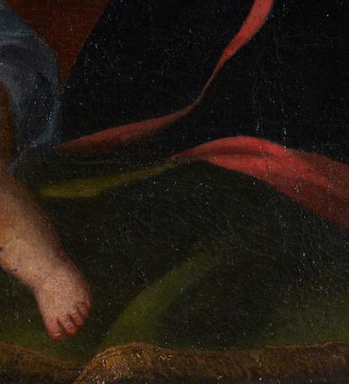 Zdjęcie nr 4: Obraz w kształcie stojącego prostokąta przedstawia klęczącego przed ołtarzem z obrazem Misericordia Domini św. Jana Kantego. Święty ukazany w trzech czwartych, z prawą ręką na piersi, a lewą opuszczoną ku dołowi i odchyloną do tyłu. Jego głowa jest ukazana z profilu, oczy zwrócone w kierunku obrazu. Nos jest podłużny, siwe włosy jedynie na tyle głowy, twarz okala krótka, kręcona, siwa broda. Święty ubrany jest w czarną togę z szerokimi rękawami, o czerwonych mankietach i brzegach, z białym, krótkim kołnierzem i białą załogę (pelerynkę). Na ołtarzu o wklęsłych bokach i czerwonym antepedium dzielonym brązową kratą z dwoma świecznikami i kanonem (fragmentami modlitw) w ozdobnej, złotej ramie znajduje się owalny obraz ze sceną Misericordia Domini – Matką Boską z rękami w geście modlitwy, stojącą przed Chrystusem w studni, nalewającym krew z przebitego boku do kielicha. Przed ołtarzem siedzą dwa putta, jedno obleczone na biodrach niebieską opaską, drugie zasłonięte trzymaną przez oba putta otwartą księgą, w dłoniach trzymają czarny biret i kwiat lilii. W prawym górnym rogu rozpostarta zasłona, za którą fragment wnętrza kościoła z arkadą i widoczną w głębi wnęką z figurą apostoła.     

