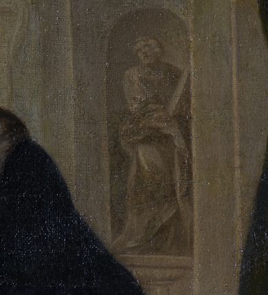 Zdjęcie nr 8: Obraz w kształcie stojącego prostokąta przedstawia klęczącego przed ołtarzem z obrazem Misericordia Domini św. Jana Kantego. Święty ukazany w trzech czwartych, z prawą ręką na piersi, a lewą opuszczoną ku dołowi i odchyloną do tyłu. Jego głowa jest ukazana z profilu, oczy zwrócone w kierunku obrazu. Nos jest podłużny, siwe włosy jedynie na tyle głowy, twarz okala krótka, kręcona, siwa broda. Święty ubrany jest w czarną togę z szerokimi rękawami, o czerwonych mankietach i brzegach, z białym, krótkim kołnierzem i białą załogę (pelerynkę). Na ołtarzu o wklęsłych bokach i czerwonym antepedium dzielonym brązową kratą z dwoma świecznikami i kanonem (fragmentami modlitw) w ozdobnej, złotej ramie znajduje się owalny obraz ze sceną Misericordia Domini – Matką Boską z rękami w geście modlitwy, stojącą przed Chrystusem w studni, nalewającym krew z przebitego boku do kielicha. Przed ołtarzem siedzą dwa putta, jedno obleczone na biodrach niebieską opaską, drugie zasłonięte trzymaną przez oba putta otwartą księgą, w dłoniach trzymają czarny biret i kwiat lilii. W prawym górnym rogu rozpostarta zasłona, za którą fragment wnętrza kościoła z arkadą i widoczną w głębi wnęką z figurą apostoła.     

