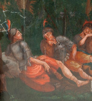 Zdjęcie nr 7: Oprawa grobu Pańskiego kulisowa, pięciopłaszczyznowa. Pierwszy plan tworzy iluzjonistyczna dekoracja, utworzona z bramy składającej się z dwóch filarów zwieńczonych wazonami z antabami oraz muru z krenelażem. Na tle muru ukazani dwaj rzymscy legioniści, po lewej stronie siedzący, po prawej stojący. W tle bogata roślinność egzotyczna z palmami. Na pozostałych planach namalowana roślinność leśna z egzotycznymi gatunkami palm. Na trzeciej parze kulis  przedstawieni dwaj rzymscy legioniści, lewy w pozycji stojącej, prawy leżącej, z głową wspartą na ręce. Wszystkie cztery płaszczyzny zamknięte łukami z namalowanym błękitnym niebem z gwiazdami, ujętym obłokami. 
Na ścianie zamykającej dekorację ukazano kamienny grób, po bokach którego siedzi i leży po trzech legionistów rzymskich z każdej strony. Nad nimi namalowane zalesione wzgórze Golgoty z trzema krzyżami, przed którymi stoi płaczący anioł. W tle widoczny jest pejzaż Jerozolimy, nad którym ukazano zaćmione słońce. W górnej części ściany ukazano niebo z nałożonym medalionem utworzonym z obłoków, z dwiema uskrzydlonymi główkami anielskimi, w glorii promienistej. 



