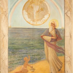 Zdjęcie nr 1: Obraz w kształcie stojącego prostokąta, ujęty w prostą, drewnianą ramę z polichromią imitującą marmur. W centrum kompozycji przedstawiona scena spotkania św. Augustyna z chłopcem przelewającym wodę morską do dołka na plaży. Święty przedstawiony z prawej strony obrazu został ukazany jako starszy mężczyzna z długą, siwą brodą i takimi samymi włosami ubrany w strój chórowy kanoników regularnych. Twarz o zamyślonym wyrazie ze wzrokiem skierowanym w dal. Święty lewą dłonią dotyka skroni, prawą ręką podtrzymuje lewy łokieć. W dolnej części kompozycji, po lewej, ukazany klęczący na piasku chłopiec, który muszlą przelewa wodę morską do niewielkiego dołka na plaży. Dziecko przepasane w biodrach transparentną tkaniną kieruje się do świętego Augustyna wyciągając ku niemu lewą dłoń. W tle widoczne morze, a powyżej linii horyzontu wizerunek Trójcy Świętej w obłokach ujętej złotym medalionem oraz tęczą. Po prawej Chrystus z głową otoczoną nimbem krzyżowym wskazujący dłonią na krzyż widoczny na piersi. Po lewej Bóg Ojciec z kulą ziemską w ręku. Wokół jego głowy widoczny jest trójkątny nimb. Pomiędzy postaciami gołębica Ducha Świętego. Trójca Święta malowana en grisaille na złotym tle. Kolorystyka obrazu jasna, utrzymana w pastelowych barwach.

