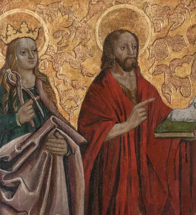 Zdjęcie nr 5: Lewe skrzydło tryptyku w kształcie stojącego prostokąta, podzielone poprzecznie na dwie kwatery. Na awersie w dolnej kwaterze św. Apolonia z obcęgami w prawej dłoni oraz św. Jan Chrzciciel z barankiem na księdze. W górnej kwaterze ukazani św. Sebastian ze strzałami w dłoniach oraz św. Wojciech przeszyty włócznią. Na rewersie w dolnej kwaterze scena Upadku pod krzyżem oraz data „1516”, w górnej kwaterze Chrystus przed Annaszem lub Kajfaszem. Na awersie rama profilowana, ozdobiona dekoracją imitującą skręcony sznur, od zewnątrz malowana na czerwono. Na rewersie rama prosta, srebrzona.



