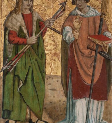 Zdjęcie nr 3: Lewe skrzydło tryptyku w kształcie stojącego prostokąta, podzielone poprzecznie na dwie kwatery. Na awersie w dolnej kwaterze św. Apolonia z obcęgami w prawej dłoni oraz św. Jan Chrzciciel z barankiem na księdze. W górnej kwaterze ukazani św. Sebastian ze strzałami w dłoniach oraz św. Wojciech przeszyty włócznią. Na rewersie w dolnej kwaterze scena Upadku pod krzyżem oraz data „1516”, w górnej kwaterze Chrystus przed Annaszem lub Kajfaszem. Na awersie rama profilowana, ozdobiona dekoracją imitującą skręcony sznur, od zewnątrz malowana na czerwono. Na rewersie rama prosta, srebrzona.



