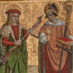 Zdjęcie nr 1: Lewe skrzydło tryptyku w kształcie stojącego prostokąta, podzielone poprzecznie na dwie kwatery. Na awersie w dolnej kwaterze św. Apolonia z obcęgami w prawej dłoni oraz św. Jan Chrzciciel z barankiem na księdze. W górnej kwaterze ukazani św. Sebastian ze strzałami w dłoniach oraz św. Wojciech przeszyty włócznią. Na rewersie w dolnej kwaterze scena Upadku pod krzyżem oraz data „1516”, w górnej kwaterze Chrystus przed Annaszem lub Kajfaszem. Na awersie rama profilowana, ozdobiona dekoracją imitującą skręcony sznur, od zewnątrz malowana na czerwono. Na rewersie rama prosta, srebrzona.



