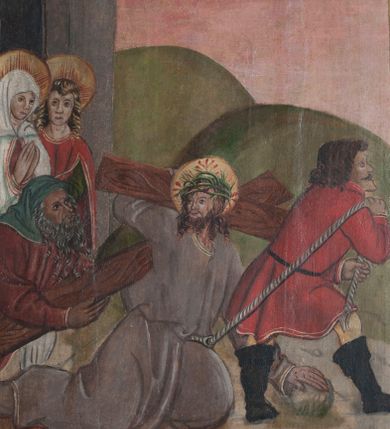 Zdjęcie nr 9: Lewe skrzydło tryptyku w kształcie stojącego prostokąta, podzielone poprzecznie na dwie kwatery. Na awersie w dolnej kwaterze św. Apolonia z obcęgami w prawej dłoni oraz św. Jan Chrzciciel z barankiem na księdze. W górnej kwaterze ukazani św. Sebastian ze strzałami w dłoniach oraz św. Wojciech przeszyty włócznią. Na rewersie w dolnej kwaterze scena Upadku pod krzyżem oraz data „1516”, w górnej kwaterze Chrystus przed Annaszem lub Kajfaszem. Na awersie rama profilowana, ozdobiona dekoracją imitującą skręcony sznur, od zewnątrz malowana na czerwono. Na rewersie rama prosta, srebrzona.



