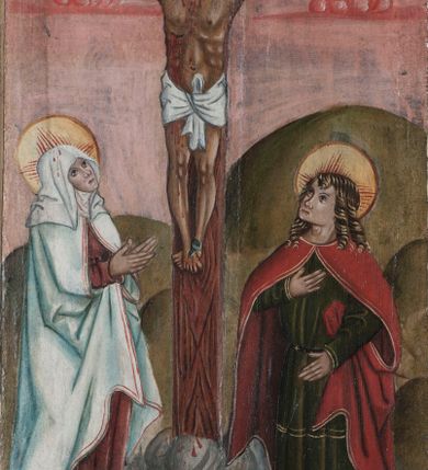 Zdjęcie nr 5: Prawe skrzydło tryptyku w kształcie stojącego prostokąta, podzielone w poziomie na dwie kwatery. Na awersie w dolnej kwaterze przedstawienie trzech królów, prawdopodobnie św. Stefana, św. Emeryka i św. Władysława. W górnej kwaterze św. Wacław oraz św. Florian. Obaj ubrani w pełne zbroje oraz płaszcze, w dłoniach trzymają chorągwie. Na rewersie w dolnej kwaterze umieszczona jest scena Ukrzyżowania z Matką Boską oraz św. Janem Ewangelistą. W górnej kwaterze scena Biczowania. Na awersie rama profilowana, ozdobiona dekoracją imitującą skręcony sznur, od zewnątrz malowana na czerwono. Na rewersie rama prosta, srebrzona.


