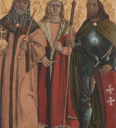 Zdjęcie nr 13: Prawe skrzydło tryptyku w kształcie stojącego prostokąta, podzielone w poziomie na dwie kwatery. Na awersie w dolnej kwaterze przedstawienie trzech królów, prawdopodobnie św. Stefana, św. Emeryka i św. Władysława. W górnej kwaterze św. Wacław oraz św. Florian. Obaj ubrani w pełne zbroje oraz płaszcze, w dłoniach trzymają chorągwie. Na rewersie w dolnej kwaterze umieszczona jest scena Ukrzyżowania z Matką Boską oraz św. Janem Ewangelistą. W górnej kwaterze scena Biczowania. Na awersie rama profilowana, ozdobiona dekoracją imitującą skręcony sznur, od zewnątrz malowana na czerwono. Na rewersie rama prosta, srebrzona.


