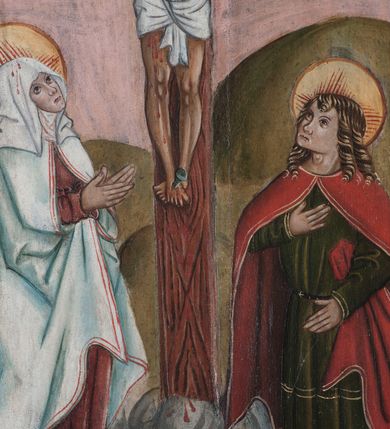 Zdjęcie nr 6: Prawe skrzydło tryptyku w kształcie stojącego prostokąta, podzielone w poziomie na dwie kwatery. Na awersie w dolnej kwaterze przedstawienie trzech królów, prawdopodobnie św. Stefana, św. Emeryka i św. Władysława. W górnej kwaterze św. Wacław oraz św. Florian. Obaj ubrani w pełne zbroje oraz płaszcze, w dłoniach trzymają chorągwie. Na rewersie w dolnej kwaterze umieszczona jest scena Ukrzyżowania z Matką Boską oraz św. Janem Ewangelistą. W górnej kwaterze scena Biczowania. Na awersie rama profilowana, ozdobiona dekoracją imitującą skręcony sznur, od zewnątrz malowana na czerwono. Na rewersie rama prosta, srebrzona.


