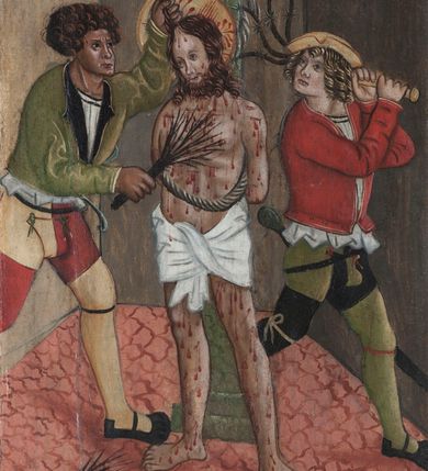 Zdjęcie nr 4: Prawe skrzydło tryptyku w kształcie stojącego prostokąta, podzielone w poziomie na dwie kwatery. Na awersie w dolnej kwaterze przedstawienie trzech królów, prawdopodobnie św. Stefana, św. Emeryka i św. Władysława. W górnej kwaterze św. Wacław oraz św. Florian. Obaj ubrani w pełne zbroje oraz płaszcze, w dłoniach trzymają chorągwie. Na rewersie w dolnej kwaterze umieszczona jest scena Ukrzyżowania z Matką Boską oraz św. Janem Ewangelistą. W górnej kwaterze scena Biczowania. Na awersie rama profilowana, ozdobiona dekoracją imitującą skręcony sznur, od zewnątrz malowana na czerwono. Na rewersie rama prosta, srebrzona.


