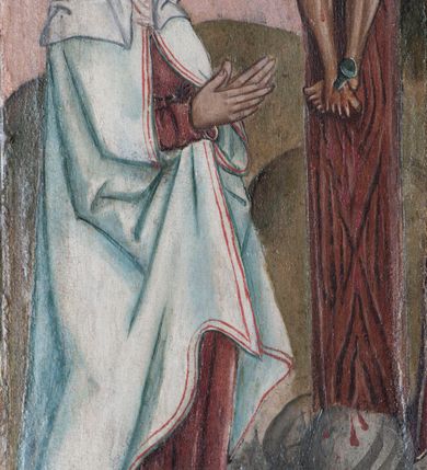 Zdjęcie nr 7: Prawe skrzydło tryptyku w kształcie stojącego prostokąta, podzielone w poziomie na dwie kwatery. Na awersie w dolnej kwaterze przedstawienie trzech królów, prawdopodobnie św. Stefana, św. Emeryka i św. Władysława. W górnej kwaterze św. Wacław oraz św. Florian. Obaj ubrani w pełne zbroje oraz płaszcze, w dłoniach trzymają chorągwie. Na rewersie w dolnej kwaterze umieszczona jest scena Ukrzyżowania z Matką Boską oraz św. Janem Ewangelistą. W górnej kwaterze scena Biczowania. Na awersie rama profilowana, ozdobiona dekoracją imitującą skręcony sznur, od zewnątrz malowana na czerwono. Na rewersie rama prosta, srebrzona.


