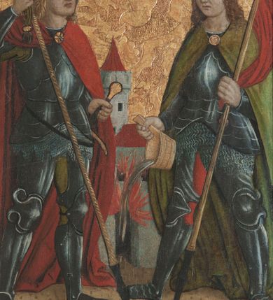 Zdjęcie nr 10: Prawe skrzydło tryptyku w kształcie stojącego prostokąta, podzielone w poziomie na dwie kwatery. Na awersie w dolnej kwaterze przedstawienie trzech królów, prawdopodobnie św. Stefana, św. Emeryka i św. Władysława. W górnej kwaterze św. Wacław oraz św. Florian. Obaj ubrani w pełne zbroje oraz płaszcze, w dłoniach trzymają chorągwie. Na rewersie w dolnej kwaterze umieszczona jest scena Ukrzyżowania z Matką Boską oraz św. Janem Ewangelistą. W górnej kwaterze scena Biczowania. Na awersie rama profilowana, ozdobiona dekoracją imitującą skręcony sznur, od zewnątrz malowana na czerwono. Na rewersie rama prosta, srebrzona.


