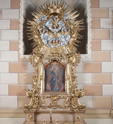 Zdjęcie nr 1: Ołtarz jednoosiowy, jednokondygnacyjny ze zwieńczeniem. Mensa sarkofagowa. Nastawa osadzona na cokole,  flankowana dwoma spływami wolutowymi, obficie dekorowanymi rocaille'ami. W polu głównym, w płytkiej niszy w kształcie stojącego prostokąta zamkniętego łukiem wklęsło-wypukłym z uskokami obraz Matki Boskiej Niepokalanie Poczętej. W dolnej części kondygnacji prostokątne pole utworzone z rocaille'i. Zwieńczenie o wielkości kondygnacji w formie promienistej glorii, z gołębicą Ducha Świętego w polu, wokół której uskrzydlone główki aniołków na tle obłoków oraz rocaille'e spięte u góry koroną w typie otwartym. Struktura polichromowana na kolor jasno i ciemnobeżowy, detale, ornamentyka i profilowania złocone. Taki sam ornament zdobi narożniki mensy, ryzality w cokole, ujmuje również pole obrazowe na jego dłuższych bokach oraz w zwieńczeniu pola.