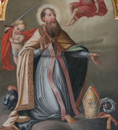 Zdjęcie nr 9: Nastawa ołtarzowa architektoniczna, jednoosiowa, jednokondygnacyjna ze zwieńczeniem i bramkami. Ołtarz drewniany, sarkofagowy, wklęsło-wypukły, zwężający się ku dołowi; dekorowany w narożach ornamentem rocaille'owym, od frontu z rocaille'owym kartuszem. Mensa z portatylem. Tabernakulum w formie zbliżonej do prostopadłościennej skrzynki, ustawione na niskim cokole, o wypukłej ściance frontowej; ujęte drewnianą obudową o wklęsłych bokach, flankowane parą ustawionych pod kątem pilastrów na wysokich cokołach, których trzony przyjmują formę wolut, nad nimi uskrzydlone główki aniołków. Zwieńczenie tabernakulum w formie profilowanego gzymsu, wyłamanego nad osiami bocznymi. Całość ujęta po bokach rocaille'owymi uszami. Część środkowa nowa, miedziana z wypukłymi drzwiczkami w formie stojącego prostokąta zamkniętego łukiem nadwieszonym. W polu aplikowane przedstawienie pelikana karmiącego młode w gnieździe, z krzyżem, gorejącym sercem i arma Christi (włócznia i gąbka z octem) powyżej. Nad drzwiczkami rocaille'owa wstęga. Nastawa ustawiona na zdwojonym cokole, o delikatnie wklęsłym przebiegu, ujęta parą pilastrów od wewnątrz oraz dwiema parami kolumn na skrajach, z których zewnętrzne są cofnięte. Podpory dźwigają pełne belkowanie, wyłamane pośrodku; na linii kolumn cokoły i fragmenty belkowania ustawione pod kątem. Pomiędzy podporami figury: po lewej św. Piotra, a po prawej św. Pawła, przed kolumnami: po lewej św. Jana Ewangelisty, a po prawej św. Andrzeja. Tabernakulum flankuje para rzeźbionych aniołów. W polu środkowym nisza w formie stojącego prostokąta, zamkniętego łukiem nadwieszonym w podwójnej profilowanej, złoconej i od wewnątrz ażurowej ramie z obrazem św. Marcina. Zwieńczenie w formie zbliżonej do leżącego prostokąta ujętego podwójnymi spływami wolutowymi, zamknięte szczytem utworzonym z ornamentu rocaille'owego, po bokach wazony płomieniste. W polu figura Chrystusa Zmartwychwstałego w otoczeniu płaskorzeźbionych obłoków i uskrzydlonych główek anielskich. Na belkowaniu, nad środkową parą kolumn przerwany wolutowy przyczółek z figurami aniołów. Bramki z drzwiczkami w formie stojącego prostokąta, flankowane węgarami, zamknięte wolutowym łukiem z zatkniętym na szczycie wazonem płomienistym, w polu dekorowane rocaille'owymi płycinami. Cokoły i trzony pilastrów dekorowane rocaille'm, w polu między pilastrami, a kolumnami trzy pary kwiatowych zwisów. Nisza pola środkowego zwieńczona rocaille'owym kartuszem. Struktura polichromowana w kolorze seledynowym, profilowania i płyciny w kolorze ciemnoszarym, kapitele i rama obrazu w kolorze czerwonym, ornamentyka złocona, kolumny i obłoki srebrzone.