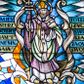Zdjęcie nr 1: Witraż w formie stojącego prostokąta zwieńczonego łukiem odcinkowym nadwieszonym z przedstawieniem św. Wojciecha. Świętego ukazano frontalnie, całopostaciowo, ujętego stylizowanymi wstęgami i biało-niebieskimi polami romboidalnymi. Prawą rękę opiera na krzyżu patriarszym, lewą składa na piersi, patrzy przed siebie, Jest ubrany w białą albę, fioletową komżę, i zielono-żółty płaszcz. Na strój ma nałożony paliusz.  Nad głową znajduje się ujęty stylizowanymi wstęgami półpostaciowy wizerunek kobiety, która patrzy w dół i trzyma w rękach palmę męczeństwa. Jest ubrana w fioletową suknię, ma długie, opadające na plecy włosy. Wizerunek św. Wojciecha jest otoczony inskrypcją „JAM JEST / PASTERZ / DOBRY / I ZNAM SWOJE / I ONE MNIE / ZNAJĄ, JAN X 14 / TOTEŻ / I ŻYCIE / SWOJE / KŁADĘ / ZA OWCE / SWOJE JAN X 14.” U stóp świętego inskrypcja „ŚWIĘTEMV / WOJCIECHOWI / WITRAŻ TEN OFIAROWAŁA / GROMADA / POZOWICE /R(OKU) P(AŃSKIEGO) 1952.” Witraż utrzymany w chłodnej kolorystyce, z przewagą niebieskiego, zieleni i szarości. 