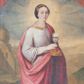 Zdjęcie nr 1: Obraz w kształcie stojącego prostokąta, ujęty w szeroką, profilowaną, pozłacaną, ramę. Kompozycja zamknięta łukiem półkolistym, przyłucza pomalowane na czerwono. Pośrodku na tle rozległego, pagórkowatego pejzażu z błękitnym niebem przedstawiona św. Barbara zwrócona trzy czwarte w lewo, w pozycji stojącej, z kielichem z hostią w dłoniach, depcząca lewą stopą leżący na ziemi miecz. Twarz o idealizowanych rysach, młodzieńcza z długim nosem, małymi ustami i oczami skierowanymi na widza; długie włosy upięte do tyłu. Święta jest ubrana w długą, białą suknię z długimi rękawami, obwiedzioną u dołu niebieską lamówką, a przy rękawach i u szyi złotą. Na plecy ma założony czerwony płaszcz odsłaniający prawe ramię. Jej włosy ozdabia złota opaska z białym klejnotem, a szyję sznur pereł z krzyżykiem, wokół jej głowy znajduje się świetlisty nimb. Po lewej stronie obrazu miasto z wysoką budowlą zwieńczoną kopułą, po prawej sygnatura „J(ózef) Maultz z / Żywca / 18[?]”.

