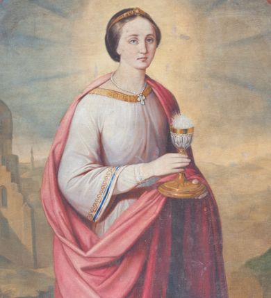 Zdjęcie nr 1: Obraz w kształcie stojącego prostokąta, ujęty w szeroką, profilowaną, pozłacaną, ramę. Kompozycja zamknięta łukiem półkolistym, przyłucza pomalowane na czerwono. Pośrodku na tle rozległego, pagórkowatego pejzażu z błękitnym niebem przedstawiona św. Barbara zwrócona trzy czwarte w lewo, w pozycji stojącej, z kielichem z hostią w dłoniach, depcząca lewą stopą leżący na ziemi miecz. Twarz o idealizowanych rysach, młodzieńcza z długim nosem, małymi ustami i oczami skierowanymi na widza; długie włosy upięte do tyłu. Święta jest ubrana w długą, białą suknię z długimi rękawami, obwiedzioną u dołu niebieską lamówką, a przy rękawach i u szyi złotą. Na plecy ma założony czerwony płaszcz odsłaniający prawe ramię. Jej włosy ozdabia złota opaska z białym klejnotem, a szyję sznur pereł z krzyżykiem, wokół jej głowy znajduje się świetlisty nimb. Po lewej stronie obrazu miasto z wysoką budowlą zwieńczoną kopułą, po prawej sygnatura „J(ózef) Maultz z / Żywca / 18[?]”.

