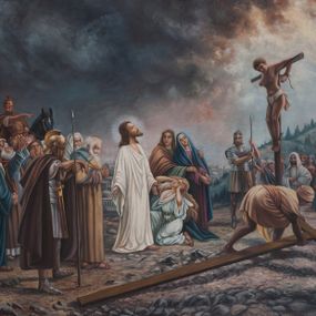 Zdjęcie nr 1: Obraz wielkoformatowy w kształcie leżącego prostokąta. Wielopostaciowa kompozycja przedstawia moment przed ukrzyżowaniem Chrystusa na Golgocie.  W centrum obrazu grupa stojących postaci: Chrystus, św. Jan Ewangelista i Matka Boska oraz klęcząca Maria Magdalena. Na lewo żołnierze oraz starszyzna żydowska, wszyscy skierowani w stronę Jezusa. W prawej części kompozycji dwa krzyże z wiszącymi łotrami, nieco dalej, w tle tłum postaci. U dołu dwójka mężczyzn przygotowujących krzyż dla Chrystusa. Zbawiciel ukazany w postawie stojącej, zwrócony trzy czwarte w lewo, z rozłożonymi szeroko na boki rękami, z głową wzniesioną do góry. Twarz podłużna, okolona brodą i długimi, bujnymi włosami, wokół głowy promienisty, biały nimb. Chrystus ubrany w długą, białą suknię z długimi rękawami. Tło pejzażowe z widokiem Jerozolimy utrzymane w chłodnej tonacji barw. W prawym dolnym rogu sygnatura „mal(ował) Wład[ysław] Front”. Rama złocona i profilowana.


