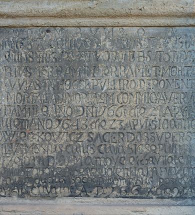 Zdjęcie nr 1: Kamienna płyta epitafium w kształcie stojącego prostokąta, z kutą inskrypcją, w kamiennym profilowanym obramieniu. Inskrypcja majuskułowa, w języku łacińskim, z datami śmierci małżonków i datą sprawienia pomnika.