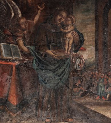 Zdjęcie nr 1: Obraz w kształcie stojącego prostokąta w drewnianej malowanej i złoconej ramie. Kompozycja dwustrefowa. W dolej strefie, na tle wnętrza o monumentalnej architekturze i oknem w głębi siedzi ukazany w trzech czwartych, zwrócony w lewo, z głową pochyloną lekko na lewy bark św. Antoni w habicie franciszkańskim. Na kolanach ma rozłożoną księgę, którą podtrzymuje prawą ręką, lewą podtrzymuje stojące na księdze nagie Dzieciątko Jezus. Obok świętego po lewej stronie kompozycji nakryty tkaniną stół z księgą na pulpicie oraz anioł ze skrzydłami, lewą ręką wskazujący niebo w górnej strefie obrazu, gdzie ukazana Gołębica Ducha Świętego otoczona prze putta.  