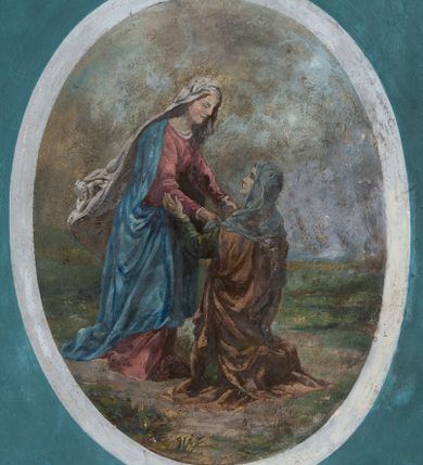 Zdjęcie nr 1: Polichromia ścian i stropów prezbiterium i nawy podkreślająca podziały architektoniczne. W prezbiterium i nawie fryzy podstropowe. W połowie wysokości okien prezbiterium i nawy poziomy fryz, ponad którym całopostaciowe przedstawienia świętych, na północnej ścianie nawy Ostatnia Wieczerza oraz dekoracja heraldyczna. Stropy z malowane na kolor ciemnoniebieski z rozrzuconymi symetrycznie złotymi i srebrnymi rozetkami, z bogatą malowaną fasetą wokół, pośrodku z dużymi owalnymi medalionami z figuralnymi przedstawieniami scen z życia św. Jana Chrzciciela. Podłucze arkady tęczowej z dekoracją z motywów roślinnych i geometrycznych. Wnęki okienne ujęte obramieniami ze zgeometryzowanych motywów roślinnych.   