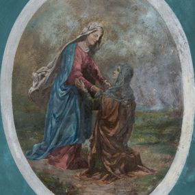 Zdjęcie nr 1: Polichromia ścian i stropów prezbiterium i nawy podkreślająca podziały architektoniczne. W prezbiterium i nawie fryzy podstropowe. W połowie wysokości okien prezbiterium i nawy poziomy fryz, ponad którym całopostaciowe przedstawienia świętych, na północnej ścianie nawy Ostatnia Wieczerza oraz dekoracja heraldyczna. Stropy z malowane na kolor ciemnoniebieski z rozrzuconymi symetrycznie złotymi i srebrnymi rozetkami, z bogatą malowaną fasetą wokół, pośrodku z dużymi owalnymi medalionami z figuralnymi przedstawieniami scen z życia św. Jana Chrzciciela. Podłucze arkady tęczowej z dekoracją z motywów roślinnych i geometrycznych. Wnęki okienne ujęte obramieniami ze zgeometryzowanych motywów roślinnych.   