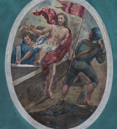 Zdjęcie nr 4: Polichromia ścian i stropów prezbiterium i nawy podkreślająca podziały architektoniczne. W prezbiterium i nawie fryzy podstropowe. W połowie wysokości okien prezbiterium i nawy poziomy fryz, ponad którym całopostaciowe przedstawienia świętych, na północnej ścianie nawy Ostatnia Wieczerza oraz dekoracja heraldyczna. Stropy z malowane na kolor ciemnoniebieski z rozrzuconymi symetrycznie złotymi i srebrnymi rozetkami, z bogatą malowaną fasetą wokół, pośrodku z dużymi owalnymi medalionami z figuralnymi przedstawieniami scen z życia św. Jana Chrzciciela. Podłucze arkady tęczowej z dekoracją z motywów roślinnych i geometrycznych. Wnęki okienne ujęte obramieniami ze zgeometryzowanych motywów roślinnych.   