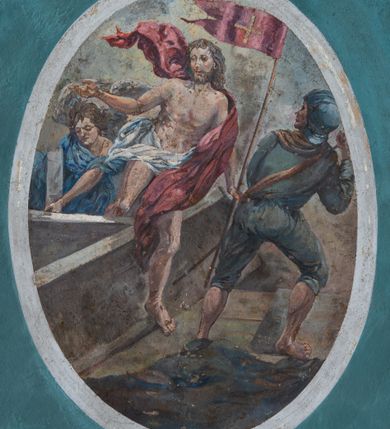 Zdjęcie nr 5: Polichromia ścian i stropów prezbiterium i nawy podkreślająca podziały architektoniczne. W prezbiterium i nawie fryzy podstropowe. W połowie wysokości okien prezbiterium i nawy poziomy fryz, ponad którym całopostaciowe przedstawienia świętych, na północnej ścianie nawy Ostatnia Wieczerza oraz dekoracja heraldyczna. Stropy z malowane na kolor ciemnoniebieski z rozrzuconymi symetrycznie złotymi i srebrnymi rozetkami, z bogatą malowaną fasetą wokół, pośrodku z dużymi owalnymi medalionami z figuralnymi przedstawieniami scen z życia św. Jana Chrzciciela. Podłucze arkady tęczowej z dekoracją z motywów roślinnych i geometrycznych. Wnęki okienne ujęte obramieniami ze zgeometryzowanych motywów roślinnych.   