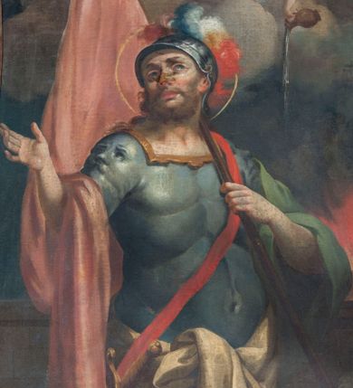 Zdjęcie nr 1: Obraz w kształcie prostokąta o wklęsłych bokach zamkniętego łukiem półpełnym nadwieszonym, z przedstawieniem św. Floriana, w ujęciu do kolan, zwróconego w trzech czwartych w lewo, z głową odwróconą w prawo. Święty ukazany jako dojrzały, brodaty mężczyzna, w zbroi rzymskiego żołnierza, na głowie hełm ozdobiony piórami. Wokół głowy nimb w formie okręgu. Za plecami świętego ukazana duża różowa chorągiew, której koniec przewieszony przez jego prawe przedramię. Po prawej stronie obrazu na pierwszym planie płomienie, w głębi płonące budynki. W górnej części kompozycji obłoki, z których wychyla się anioł z palmą męczeństwa w prawej ręce.