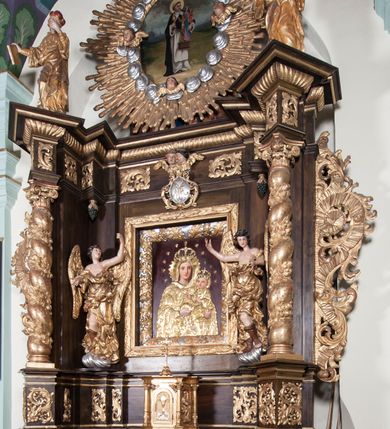 Zdjęcie nr 16: Ołtarz architektoniczny, jednoosiowy, z wydzieloną predellą, jednokondygnacyjny, ze zwieńczeniem. Mensa na prostopadłościennej, skrzyniowej tumbie z antependium ozdobionym prostokątną płyciną ze złoconym medalionem z ulistnioną gałązką pośrodku. Nastawa ujęta ustawionymi ukośnie kolumnami o skręconych trzonach oplecionych girlandą z liści i owoców, na cokołach, z kompozytowymi kapitelami, ustawionymi na dwustrefowych prostopadłościennych postumentach. Kolumny wspierają występujące nad nimi uproszczone belkowanie i profilowany gzyms, cofnięte nad polem środkowym. W polu nastawy prostokątna nisza ujęta ozdobną ramą, w której obraz Matki Boskiej z Dzieciątkiem oraz na zasuwie obraz Matki Boskiej Różańcowej ze św. Dominikiem i św. Katarzyną ze Sieny. Po bokach obrazu rzeźby dwóch uskrzydlonych aniołów, umieszczone na konsolach. Ponad obrazem pośrodku dwie główki aniołków ze skrzydełkami oraz kolisty wypukły medalion ze splecionymi literami imienia Maria; po bokach wolutowo zwinięte liście akantu. W zwieńczeniu duży obraz z przedstawieniem św. Jacka, w kształcie tonda, ujęty srebrnymi obłokami i główkami aniołków oraz glorią promienistą. W osiach podpór rzeźby dwóch nieokreślonych świętych w mitrach książęcych na głowach. Retabulum flankowane płaskorzeźbionymi, ażurowymi uszami, zbudowanymi z motywów karbowanej wstęgi i liści akantu. Struktura malowana w kolorze brązowym, rzeźby, detale architektoniczne i ornamenty złocone, niektóre srebrzone. 