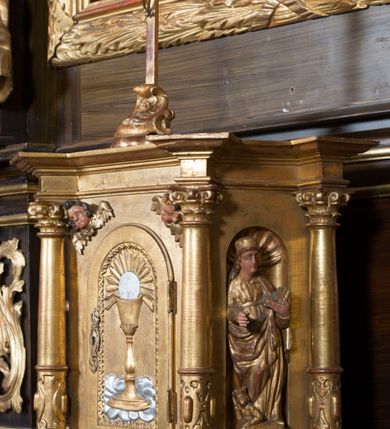 Zdjęcie nr 12: Ołtarz architektoniczny, jednoosiowy, z wydzieloną predellą, jednokondygnacyjny, ze zwieńczeniem. Mensa na prostopadłościennej, skrzyniowej tumbie z antependium ozdobionym prostokątną płyciną ze złoconym medalionem z ulistnioną gałązką pośrodku. Nastawa ujęta ustawionymi ukośnie kolumnami o skręconych trzonach oplecionych girlandą z liści i owoców, na cokołach, z kompozytowymi kapitelami, ustawionymi na dwustrefowych prostopadłościennych postumentach. Kolumny wspierają występujące nad nimi uproszczone belkowanie i profilowany gzyms, cofnięte nad polem środkowym. W polu nastawy prostokątna nisza ujęta ozdobną ramą, w której obraz Matki Boskiej z Dzieciątkiem oraz na zasuwie obraz Matki Boskiej Różańcowej ze św. Dominikiem i św. Katarzyną ze Sieny. Po bokach obrazu rzeźby dwóch uskrzydlonych aniołów, umieszczone na konsolach. Ponad obrazem pośrodku dwie główki aniołków ze skrzydełkami oraz kolisty wypukły medalion ze splecionymi literami imienia Maria; po bokach wolutowo zwinięte liście akantu. W zwieńczeniu duży obraz z przedstawieniem św. Jacka, w kształcie tonda, ujęty srebrnymi obłokami i główkami aniołków oraz glorią promienistą. W osiach podpór rzeźby dwóch nieokreślonych świętych w mitrach książęcych na głowach. Retabulum flankowane płaskorzeźbionymi, ażurowymi uszami, zbudowanymi z motywów karbowanej wstęgi i liści akantu. Struktura malowana w kolorze brązowym, rzeźby, detale architektoniczne i ornamenty złocone, niektóre srebrzone. 