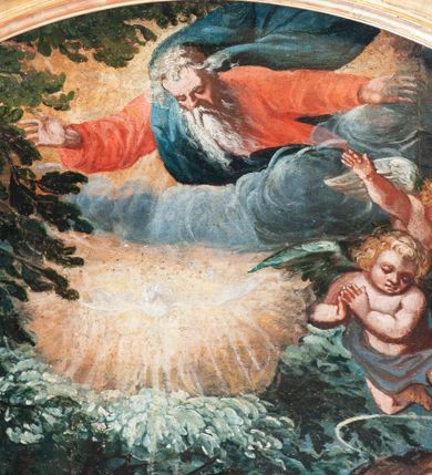 Zdjęcie nr 7: Obraz w kształcie stojącego prostokąta zamkniętego łukiem półpełnym. W centrum postać Chrystusa zwróconego w trzech czwartych w lewo, stojącego w kontrapoście, o silnie przegiętej sylwetce, z delikatnie pochyloną głową i skrzyżowanymi na piersi rękoma. Twarz o delikatnych rysach wydobytych światłocieniem, oczach skierowanych w dół; okolona brodą. Włosy długie, jasne, opadają falami na ramiona. Ciało o wyraźnie zarysowanej muskulaturze, przesłonięte białą tkaniną w partii bioder oraz na prawym ramieniu. W prawej części obrazu postać św. Jana Chrzciciela zwróconego w trzech czwartych w prawo z głową ukazaną w profilu. Święty unosi nad głową Chrystusa prawą rękę, w której trzyma misę, lewym ramieniem podtrzymuje laskę zwieńczoną krzyżem z banderolą z napisem: ECCE AGNUS DEI oraz wykonuje gest dłonią. Twarz o wyraźnych rysach, półprzymkniętych oczach i dużym nosie, okolona gęstą brodą. Włosy brązowe, półdługie, rozczochrane. Święty ubrany w melotę, odsłaniająca tors oraz czerwony, długi płaszcz przewieszony przez ramiona. W prawej części obrazu postacie trzech aniołów, jeden z nich podtrzymuje szatę Chrystusa, pozostałe dwa poruszone, dyskutują. Ponad nimi nadlatujące putto na tle drzewa. W górnej części obrazu wyłaniająca się z obłoków półpostać nadlatującego Boga Ojca w towarzystwie dwóch puttów. Poniżej Gołębica Ducha Świętego w glorii. Postacie stoją po kostki w wodzie, scena na tle krajobrazu. Kolorystyka intensywna.