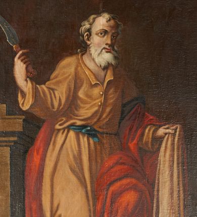 Zdjęcie nr 1: Obraz w formie stojącego prostokąta z przedstawieniem św. Bartłomieja. Święty ukazany w całej postaci, zwrócony w trzech czwartych w lewo, lewą nogę opiera na kamieniu. W prawej, ugiętej i uniesionej ręce trzyma nóż, na którego ostrzu znajduje się napis: „Palemonus Dux fassit” (?), w lewej, ugiętej i opuszczonej ręce trzyma zdartą skórę. Twarz ma pociągłą, o dużych, migdałowatych oczach, uniesionych brwiach, prostym nosie i pełnych, małych ustach, okoloną białą, prostą brodą i krótkimi, kręconymi, siwymi włosami. Ubrany jest w jasnobrązową suknię z kołnierzykiem, zapinaną na torsie na guziki, przepasaną w talii niebieską szarfą, a także w czerwony płaszcz zarzucony na lewe ramię i nogę oraz prawy bok. Po prawej stronie świętego znajduje się postument, na którym leży kula. Na ziemi, przy lewej nodze leży miecz. Postać ukazana na cieniowanym, brązowym tle. W prawym dolnym rogu sygnatura „Felicis Ant: de R[...] opus A[NNO] D[OMINI] 1762”. Obraz ujęty złoconą ramą dekorowaną płaskorzeźbionym wieńcem. 
