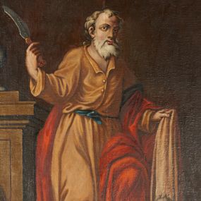 Zdjęcie nr 1: Obraz w formie stojącego prostokąta z przedstawieniem św. Bartłomieja. Święty ukazany w całej postaci, zwrócony w trzech czwartych w lewo, lewą nogę opiera na kamieniu. W prawej, ugiętej i uniesionej ręce trzyma nóż, na którego ostrzu znajduje się napis: „Palemonus Dux fassit” (?), w lewej, ugiętej i opuszczonej ręce trzyma zdartą skórę. Twarz ma pociągłą, o dużych, migdałowatych oczach, uniesionych brwiach, prostym nosie i pełnych, małych ustach, okoloną białą, prostą brodą i krótkimi, kręconymi, siwymi włosami. Ubrany jest w jasnobrązową suknię z kołnierzykiem, zapinaną na torsie na guziki, przepasaną w talii niebieską szarfą, a także w czerwony płaszcz zarzucony na lewe ramię i nogę oraz prawy bok. Po prawej stronie świętego znajduje się postument, na którym leży kula. Na ziemi, przy lewej nodze leży miecz. Postać ukazana na cieniowanym, brązowym tle. W prawym dolnym rogu sygnatura „Felicis Ant: de R[...] opus A[NNO] D[OMINI] 1762”. Obraz ujęty złoconą ramą dekorowaną płaskorzeźbionym wieńcem. 
