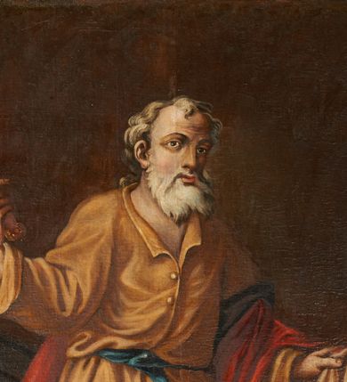 Zdjęcie nr 3: Obraz w formie stojącego prostokąta z przedstawieniem św. Bartłomieja. Święty ukazany w całej postaci, zwrócony w trzech czwartych w lewo, lewą nogę opiera na kamieniu. W prawej, ugiętej i uniesionej ręce trzyma nóż, na którego ostrzu znajduje się napis: „Palemonus Dux fassit” (?), w lewej, ugiętej i opuszczonej ręce trzyma zdartą skórę. Twarz ma pociągłą, o dużych, migdałowatych oczach, uniesionych brwiach, prostym nosie i pełnych, małych ustach, okoloną białą, prostą brodą i krótkimi, kręconymi, siwymi włosami. Ubrany jest w jasnobrązową suknię z kołnierzykiem, zapinaną na torsie na guziki, przepasaną w talii niebieską szarfą, a także w czerwony płaszcz zarzucony na lewe ramię i nogę oraz prawy bok. Po prawej stronie świętego znajduje się postument, na którym leży kula. Na ziemi, przy lewej nodze leży miecz. Postać ukazana na cieniowanym, brązowym tle. W prawym dolnym rogu sygnatura „Felicis Ant: de R[...] opus A[NNO] D[OMINI] 1762”. Obraz ujęty złoconą ramą dekorowaną płaskorzeźbionym wieńcem. 
