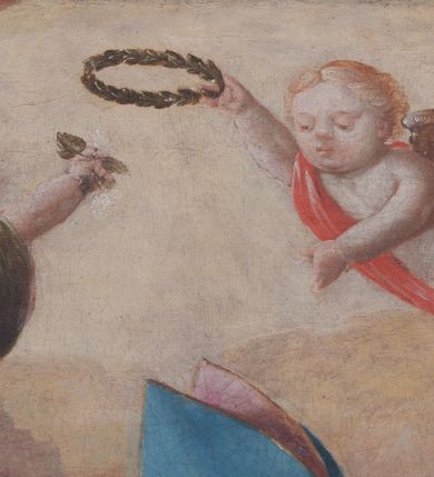 Zdjęcie nr 14: Ołtarz architektoniczny, dwukondygnacyjny, jednoosiowy. Ołtarz drewniany prostopadłościenny z drewnianą mensą i kamiennym portatylem. Dwukondygnacyjne retabulum ustawione na podwójnym i zdwojonym cokole, ujęte parą zdwojonych pilastrów wspierających wyłamujące się belkowanie. W polu głównym umieszczony jest obraz św. Mikołaja w płytkiej wnęce w kształcie stojącego prostokąta. Nad obrazem, w partii fryzu dwie uskrzydlone główki anielskie. Po bokach, na osi podpór, na wysokich cokołach ustawione są rzeźby: po lewej stronie św. Barbary, a po prawej według przekazów w literaturze św. Apolonii. Ponad nimi podwieszone ukośnie fragmenty fryzu ozdobione rozetami na ściankach bocznych, a od spodu szerokimi, zawiniętymi liśćmi akantu. Druga kondygnacja ustawiona na niskim cokole, ujęta parą zdwojonych pilastrów podtrzymujących przerwane belkowanie oraz wolutowy, odwrócony przyczółek, na którego szczycie usadzona jest para aniołków. W polu środkowym w ramie o kształcie stojącego prostokąta i ściętych narożach obraz św. Antoniego Padewskiego. Na osi podpór, na niskich cokołach ozdobionych rozetami ustawione są figury świętych królewiczów, zapewne. Ponad nimi podwieszone fragmenty fryzu, zdobione rozetami oraz z podwieszonymi szyszkami. Na szczycie retabulum niski cokolik, flankowany wolutami, zdobiony na przodzie rozetą z zatkniętym u góry krzyżem zakonu Bożogrobowców. Kondygnacje ujęte z lewej strony uszami: w dolnej suchym akantem, a w górnej akantem przeplecionym wstęgą, zdobioną cekinami. Kolorystyka struktury w kolorze jasnej zieleni, ornamentyka i detal architektoniczny złocone oraz srebrzone.
Napis na portatylu: „1963 d. 26 Jan. / celmus Ac erdemus Julianus / Groblicki, eppus tit philald / phiensis in arabia Auxil. Craco / ven, altare hoc portatile con / secravit et Reliquias Eses. Nn. /  brittcia rp. et florii in eo / inclusit” oraz podpisy piórem niebieskim oraz fragment pieczęci krakowskiej Bazyliki metropolitalnej.