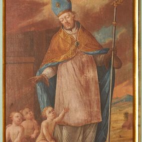 Zdjęcie nr 1: Obraz w kształcie stojącego prostokąta z przedstawieniem św. Mikołaja Biskupa, który ukazany został na brązowym podeście z sumarycznie oddaną, murowaną architekturą w tle. W centrum kompozycji ukazany jest w całej postaci św. Mikołaj ustawiony w delikatnym kontrapoście z prawą nogą ugiętą w kolanie, zwrócony delikatnie w lewo z górną częścią ciała przechyloną na prawo. Prawą rękę unosi w geście błogosławieństwa nad trójką dzieci w szafliku, a w lewej dłoni, odwiedzionej na bok trzyma pastorał i sakiewkę. Święty ma owalną twarz z przymkniętymi, dużymi oczami i długim nosem, okoloną siwą brodą oraz siwe średniej długości włosy. Ubrany jest białą albę, jasnoróżową komżę, biały humerał pod szyją, złotą kapę z niebieską podszewką; na dłoniach ma brązowe rękawice, a na głowie niebieską infułę, dekorowaną z przodu kameryzacją. W dolnym lewym narożu ukazana jest trójka dzieci w szafliku, z których jedno wychodzi z naczynia i wyciąga rączkę ku św. Mikołajowi. W górnej części obrazu pochmurne niebo i dwa aniołki, z których jeden trzyma w dłoni gałązkę białej róży, a drugi wieniec laurowy. W prawym górnym narożu znajduje się uskrzydlona główka aniołka ze skrzydełkami skierowanymi ku środkowi. Tło po lewej stronie obrazu stanowi fragment architektury, a po prawej stronie pejzaż. Kolorystyka w ciepłej, subtelnej i brunatnej tonacji.