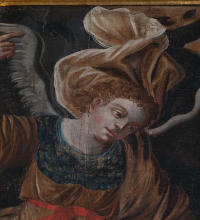 Zdjęcie nr 5: Ołtarz architektoniczny, dwukondygnacyjny, jednoosiowy. Ołtarz drewniany prostopadłościenny z drewnianą mensą i kamiennym portatylem. Dwukondygnacyjne retabulum ustawione na podwójnym cokole, ujęte parą zdwojonych pilastrów wspierających wyłamujące się belkowanie. W polu głównym umieszczony jest obraz Matki Boskiej Nieustającej Pomocy w płytkiej wnęce w kształcie stojącego prostokąta, wyłożonej czerwonym materiałem. Po bokach, na osi podpór, na wysokich cokołach ustawione są rzeźby: po lewej stronie św. Józefa, a po prawej św. Stanisława Kostki. Ponad nimi podwieszone fragmenty fryzu ozdobione rozetami na ściankach bocznych, a od spodu szerokimi, zawiniętymi liśćmi akantu. Druga kondygnacja ustawiona na niskim cokole, ujęta parą zdwojonych pilastrów podtrzymujących przerwane belkowanie oraz wolutowy, odwrócony przyczółek, na którego szczycie usadzona jest para aniołków. W polu środkowym w ramie o kształcie stojącego prostokąta i ściętych narożach obraz św. Rafała z Tobiaszem. Na osi podpór, na niskich cokołach ozdobionych rozetami ustawione są figury aniołów. Ponad nimi podwieszone fragmenty fryzu, zdobione rozetami oraz z podwieszonymi szyszkami. Na szczycie retabulum niski cokolik, flankowany wolutami, zdobiony na przodzie rozetą z zatkniętym u góry krzyżem zakonu Bożogrobowców. Kolorystyka struktury w kolorze jasnej zieleni, ornamentyka i detal architektoniczny złocone oraz srebrzone.