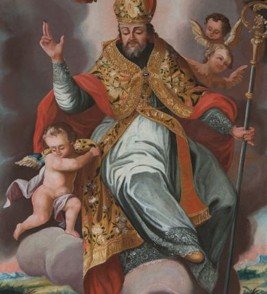 Zdjęcie nr 1: Obraz w kształcie stojącego prostokąta zamkniętego łukiem wklęsło-wypukłym z uskokami z przedstawieniem św. Walentego. W centrum kompozycji ukazany św. Walenty wznoszący się na obłokach. Święty siedzi frontalnie z nogami skierowanymi w lewo, prawą ręką czyni gest błogosławieństwa, a w lewej trzyma pastorał. Twarz szeroka z długim nosem i spuszczonym w dół wzorkiem, okolona krótką i siwą brodą. Ubrany jest w białą albę zakończoną dekoracyjnymi koronkami, złotą stułę skrzyżowaną na piersi z kompletu ze złotą kapą z czerwoną podszewką i infułą. Kapa jest spięta na piersi Komplet stroju zdobiony gałązkami różnokolorowych kwiatów. Na szyi ma zawieszony krzyż pektoralny. Po lewej stronie obrazu, na obłoku stoi aniołek, który podtrzymuje rękami połę płaszcza św. Mikołaja. W dolnej części obrazu dwaj przerażeni młodzieńcy, ukazani w półpostaci w pozycji leżącej. Mężczyzna po lewej ubrany w niebieską suknię, a mężczyzna po prawej w suknię czerwoną. W oddali widoczny górski krajobraz, u góry skłębione szaro-różowe chmury. Rama profilowana, złocona i srebrzona, u góry zdobiona ornamentem rocaille’owym.
