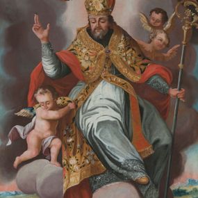 Zdjęcie nr 1: Obraz w kształcie stojącego prostokąta zamkniętego łukiem wklęsło-wypukłym z uskokami z przedstawieniem św. Walentego. W centrum kompozycji ukazany św. Walenty wznoszący się na obłokach. Święty siedzi frontalnie z nogami skierowanymi w lewo, prawą ręką czyni gest błogosławieństwa, a w lewej trzyma pastorał. Twarz szeroka z długim nosem i spuszczonym w dół wzorkiem, okolona krótką i siwą brodą. Ubrany jest w białą albę zakończoną dekoracyjnymi koronkami, złotą stułę skrzyżowaną na piersi z kompletu ze złotą kapą z czerwoną podszewką i infułą. Kapa jest spięta na piersi Komplet stroju zdobiony gałązkami różnokolorowych kwiatów. Na szyi ma zawieszony krzyż pektoralny. Po lewej stronie obrazu, na obłoku stoi aniołek, który podtrzymuje rękami połę płaszcza św. Mikołaja. W dolnej części obrazu dwaj przerażeni młodzieńcy, ukazani w półpostaci w pozycji leżącej. Mężczyzna po lewej ubrany w niebieską suknię, a mężczyzna po prawej w suknię czerwoną. W oddali widoczny górski krajobraz, u góry skłębione szaro-różowe chmury. Rama profilowana, złocona i srebrzona, u góry zdobiona ornamentem rocaille’owym.
