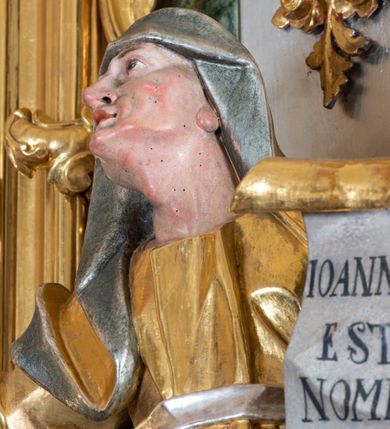 Zdjęcie nr 15: Ołtarz przyścienny, architektoniczny z mensą w formie sarkofagu o wklęsło-wypukłych bokach. W mensie kamienny portatyl. Retabulum jednoosiowe, jednokondygnacyjne ze zwieńczeniem, ustawione na wysokim zdwojonym cokole, zryzalitowanym bo bokach. Nastawa ujęta parą narożnych pilastrów kompozytowych oraz parą kolumn znacznie wysuniętych przed lico ołtarza. Kolumny o kanelowanych trzonach i kompozytowych głowicach podtrzymują faliste belkowanie. Zwieńczenie ujęte po bokach motywami „S” kształtnymi o wolutowo zwiniętych końcach, z których dolne mocno wysunięte do przodu, spoczywają na belkowaniu. Zwieńczenie zamknięte dwoma stykającymi się wolutami. Po bokach retabulum ażurowe uszaki formowane z grzebieni rocaille'owych i motywów „C” kształtnych z rzeźbioną, uskrzydloną główką anielską. 
Pole środkowe w kształcie prostokątnej wnęki z zamknięciem kształtowanym z motywów „C”. We wnęce płaskorzeźba z przedstawieniem Najświętszej Marii Panny Niepokalanie Poczętej ujęta podwójną profilowaną ramą. U dołu, po bokach wnęki dwie konsole z ustawionymi pełnoplastycznymi figurami św. Elżbiety po prawej oraz św. Anny po lewej stronie. Święta Elżbieta trzyma kartę z napisem: „IOANNES / EST / NOMEN / EIUS / Ann(…)”, a święta Anna otwartą księgę zapisaną słowami: „Merito igitur / germen eadem / Anaa divino germo reult / Spiritus pierna liberi libent / Labori qve durionustructa / Vertat am sancti ludaribusmais / Clamorite me cum opta / veram”. Ponad kolumnami, po bokach zwieńczenia dwie figury aniołów, powyżej para uskrzydlonych puttów. W zwieńczeniu owalna wnęka z obrazem przedstawiającym św. Jana Chrzciciela, ujętym podwójną ramą. 
Ołtarz bogato dekorowany. Mensa zdobiona ornamentem rocaille'owym. Pola cokołów zdobione płycinami kształtowanymi z grzebieni rocaille'owych dekorujących też fryz. Trzony kolumn i pilastrów zdobią podwieszane motywy rocaille'owe przeplatane z gałązkami róż, tworzącymi również rozległy, ażurowy kartusz nad polem środkowym. Boki zwieńczenia ujęte ażurowymi liśćmi akantu. Poniżej wnęki ażurowa, ukośna kratka regencyjna. Boki wnęki i szczyt zwieńczenia dekorowane pełnoplastycznymi rocaille'ami. 
Całość struktury ołtarza pokryta malowaną marmoryzacją w odcieniach zieleni i brązu. Detal architektoniczny złocony, pilastry srebrzone.