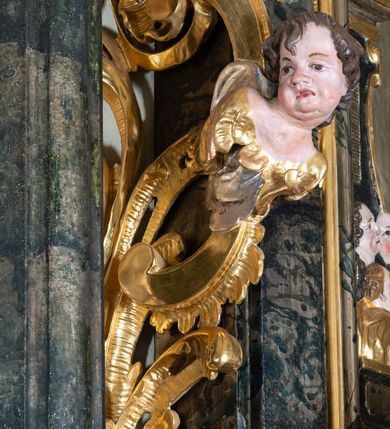 Zdjęcie nr 20: Ołtarz przyścienny, architektoniczny z mensą w formie sarkofagu o wklęsło-wypukłych bokach. W mensie kamienny portatyl. Retabulum jednoosiowe, jednokondygnacyjne ze zwieńczeniem, ustawione na wysokim zdwojonym cokole, zryzalitowanym bo bokach. Nastawa ujęta parą narożnych pilastrów kompozytowych oraz parą kolumn znacznie wysuniętych przed lico ołtarza. Kolumny o kanelowanych trzonach i kompozytowych głowicach podtrzymują faliste belkowanie. Zwieńczenie ujęte po bokach motywami „S” kształtnymi o wolutowo zwiniętych końcach, z których dolne mocno wysunięte do przodu, spoczywają na belkowaniu. Zwieńczenie zamknięte dwoma stykającymi się wolutami. Po bokach retabulum ażurowe uszaki formowane z grzebieni rocaille'owych i motywów „C” kształtnych z rzeźbioną, uskrzydloną główką anielską. 
Pole środkowe w kształcie prostokątnej wnęki z zamknięciem kształtowanym z motywów „C”. We wnęce płaskorzeźba z przedstawieniem Najświętszej Marii Panny Niepokalanie Poczętej ujęta podwójną profilowaną ramą. U dołu, po bokach wnęki dwie konsole z ustawionymi pełnoplastycznymi figurami św. Elżbiety po prawej oraz św. Anny po lewej stronie. Święta Elżbieta trzyma kartę z napisem: „IOANNES / EST / NOMEN / EIUS / Ann(…)”, a święta Anna otwartą księgę zapisaną słowami: „Merito igitur / germen eadem / Anaa divino germo reult / Spiritus pierna liberi libent / Labori qve durionustructa / Vertat am sancti ludaribusmais / Clamorite me cum opta / veram”. Ponad kolumnami, po bokach zwieńczenia dwie figury aniołów, powyżej para uskrzydlonych puttów. W zwieńczeniu owalna wnęka z obrazem przedstawiającym św. Jana Chrzciciela, ujętym podwójną ramą. 
Ołtarz bogato dekorowany. Mensa zdobiona ornamentem rocaille'owym. Pola cokołów zdobione płycinami kształtowanymi z grzebieni rocaille'owych dekorujących też fryz. Trzony kolumn i pilastrów zdobią podwieszane motywy rocaille'owe przeplatane z gałązkami róż, tworzącymi również rozległy, ażurowy kartusz nad polem środkowym. Boki zwieńczenia ujęte ażurowymi liśćmi akantu. Poniżej wnęki ażurowa, ukośna kratka regencyjna. Boki wnęki i szczyt zwieńczenia dekorowane pełnoplastycznymi rocaille'ami. 
Całość struktury ołtarza pokryta malowaną marmoryzacją w odcieniach zieleni i brązu. Detal architektoniczny złocony, pilastry srebrzone.