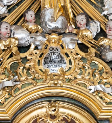 Zdjęcie nr 23: Nastawa ołtarzowa architektoniczna, trójosiowa z bramkami, jednokondygnacyjna ze zwieńczeniem. Ołtarz wysunięty do przodu, drewniany, sarkofagowy, wklęsło-wypukły, zwężający się ku dołowi, na profilowanym cokole, ujęty spływami wolutowymi; dekorowany w narożach palmetami, na froncie rocaille'owy kartusz z malowanymi skrzyżowanymi kluczami w polu. Mensa drewniana z silnie wysuniętą, profilowaną krawędzią, z portatylem z piaskowca. 

Tabernakulum w formie prostopadłościennej skrzynki o wypukłej ściance frontowej, ujęte z przodu ukośnie dostawionymi pilastrami na cokołach z trzonami w formie wolut, dźwigającymi niepełne belkowanie, opasujące je z trzech stron, nad ścianką frontową przyjmujące falistą formę zwieńczoną rocaille'm. Drzwiczki przyjmują kształt stojącego prostokąta zamkniętego łukiem półkolistym nadwieszonym, ujęte profilowaną ramą; w polu płaskorzeźbione przedstawienie kielicha z hostią w glorii na fakturowanym tle. Na belkowaniu, na osi podpór ustawiona jest para rocaille'owych lichtarzy. Tron wystawienia architektoniczny, trójosiowy; oś środkowa ponad tabernakulum w postaci ażurowej niszy z cokołem na pasyjkę, tylna ścianka utworzona z rocaille'u z kłosami zbóż; flankowana pilastrami zwieńczonymi falistym gzymsem, dźwigającymi ażurową, zamkniętą koronę. Podpory przechodzą w spływy wolutowe, ujmujące tabernakulum, na których końcach siedzi para adorujących puttów. Osie boczne są ujęte po bokach pilastrami dźwigającymi imposty podtrzymywane przez rocaille w partii trzonów oraz płonące wazony; pola wypełnione ażurowym rocaille'm i palmetami przechodzącymi w podwójne lichtarze.

Retabulum na planie półowalu, osie boczne ustawione prostopadle do środkowej. Oś środkowa posadowiona na wysokim, dwustrefowym cokole. W pierwszej strefie cokołu prostokątna płycina z napisem: „Z INICJATYWY / KS. PROBOSZCZA ROMANA GORCZYŃSKIEGO / W LATACH 2001 - 2006 / WYKONANO REMONT KOŚCIOŁA I KONSERWACJĘ / WYPOSAŻENIA”. W drugiej strefie cokołu, pośrodku płycina w formie leżącego prostokąta o fantazyjnie wyciętych bokach z malowanym kartuszem herbowym, dzielonym na cztery pola. W lewym górnym polu kartusza umieszczony jest orzeł, poniżej dwójka dzieci w łódce, a po prawej stronie tarczy, w prawym górnym polu dwójka dzieci w łódce, poniżej orzeł. U spodu napis z chronostychem: „EREXIT, AC EXORNAVIT HONORIBVS SANCTI PETRI, / AC PAVLI APOSTOLI ILLVSTRISSIMVS LIBER BAR I WNBS(?) IOANELLY / A TOLVANA PROPPII X I”. Klejnotem jest hełm z pióropuszem zakończony półpostacią rycerza w zbroi, zaś labry mają formę bujnej wici akantowej.  Ryzality cokołów ozdobione są z trzech stron rocaille'owymi płycinami; skrajne konsole rocaille'm i różanymi gałązkami. Oś główna flankowana parą kolumn ustawioną na tle zwielokrotnionych pilastrów. Podpory dźwigają pełne belkowanie, przerwane nad polem środkowym, wyłamane na ich osi oraz przerwany wolutowy przyczółek. W polu środkowym podwójna, profilowana rama w formie stojącego prostokąta zamkniętego łukiem nadwieszonym z uskokami z obrazem św. Piotra i św. Pawła; flankowana przez figury św. Szymona po lewej stronie i św. Judy Tadeusza po prawej, ustawionymi na rocaille'owych wspornikach. Ramy obrazu, trzony wewnętrznych pilastrów i pola za środkową parą figur dekorowane rocaille'm. 

Zwieńczenie w formie zbliżonej do stojącego prostokąta, ujęte spływami wolutowymi, zamknięte falistym gzymsem przechodzącym w antytetycznie zwrócone woluty. Całość zwieńczona gołębicą Ducha Świętego w glorii promienistej. W polu rzeźbiarska grupa Koronacji Marii w glorii promienistej, pośród obłoków i uskrzydlonych główek anielskich. Dwa flankujące grupę putta  na obłokach trzymają banderole z napisem: „FILIA DEI PATRIS” i „MATER DEI FILII”, a kolejne dwa usadzone na szczycie: „VENI CORONABERIS” oraz „VENI SPONSA MEA”. Poniżej zwieńczenia w ażurowym kartuszu znajduje się napis: „QVA E/ST ISTA / QVAE PROGREDI/TUR QVASI AURORA / CONSURGENS / Cant 6.”. Na przyczółku siedzące figury św. Joachima po lewej stronie i św. Józefa po prawej, na gzymsie flankującym pole środkowe dwa putta trzymające słońce i księżyc, na zewnętrznych osiach dwa adorujące anioły. Spływy zwieńczenia dekorowane strzępiastymi liśćmi palmowymi, muszlą i rocaille’m. 

Osie boczne ustawione są na wysokim cokole, od zewnątrz ujęte pilastrami przechodzącymi w woluty, od wewnątrz sąsiadują z osią środkową. Pośrodku bramki z drzwiczkami zakończonymi gzymsem przyjmującym formę cokołu dla figur. Drzwiczki w formie stojącego prostokątna zamkniętego łukiem segmentowym nadwieszonym; osie na skraju ujęte konsolami stanowiącymi cokoły dla podpór. Ryzalit bramek zdobiony płyciną ze strzępiastym grzebieniem; drzwiczki z płyciną z rocaille'm i kwiatowym zwisem na wstążce; powyższy cokół ujęty liśćmi palmowymi i rocaille'm. Kondygnacja flankowana na skraju kolumną ustawioną na tle pilastru, które podtrzymują wyłamany gzyms zakończony wolutami ujmującymi szczyt o falistym przebiegu, na którym ustawiony jest duży płomienisty wazon. W polach ustawione są figury: po lewej się Jakuba Starszego, a po prawej św. Filipa. Na zwieńczeniach usadzone dwie figury aniołów. 

Struktura w całości marmoryzowana w kolorze zielono-brązowym; ornamentyka, kolumny złocone, detale srebrzone. Wszystkie kolumny w jednej trzeciej wysokości przedzielone rocaille’m, a fryz z elementami dekoracji rokokowej. Tabernakulum i tron wystawienia w całości złocone.

