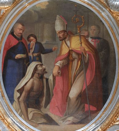 Zdjęcie nr 28: Ołtarz architektoniczny, trójosiowy, jednokondygnacyjny ze zwieńczeniem, na cokole. Mensa kamienna z portatylem. Antepedium proste, bez dekoracji, kamienne. Tabernakulum prostopadłościenne, ujęte pilastrami ustawionymi pod kątem, ze zwróconymi przeciwstawnie wolutami, zamiast trzonów, zwieńczone niepełnym belkowaniem. Drzwiczki w formie stojącego prostokąta zamkniętego łukiem półkolistym z krzyżem w polu. Retabulum ujęte parami pilastrów i kolumn o skręconych trzonach oraz kapitelach kompozytowych, dźwigających niepełne belkowanie z wydatnym gzymsem, wyłamanym w osiach podpór, przerwane w polu środkowym. Na gzymsie para puttów trzymających arma Christi. Osie boczne ustawione pod kątem względem lica ołtarza, w nich ustawiony dwie figury stojących aniołów. W polu środkowym ołtarza rama w formie stojącego prostokąta mieszcząca obraz św. Teresy z Lisieux. Zwieńczenie ołtarza w kształcie owalnego medalionu ujętego wydatnymi spływami wolutowymi. W polu owalny obraz przedstawiający wskrzeszenie Piotrowina. Kondygnacja pierwsza nastawy ujęta uszami utworzonymi z akantu. Cokoły podpór ozdobione z trzech stron płycinami z dekoracją roślinną w postaci liści i kwiatów. Na osi pilastrów cokoły podparte potrójną wolutą i parą girland owocowych. Trzony pilastrów i osie boczne dekorowane płycinami. Trzony kolumn zdobione ornamentem roślinnym. W polu środkowym ołtarza rama obrazu dekorowana akantem; u jej spodu akant i uskrzydlona główka anielska, zwieńczona akantem z palmetą. W zwieńczeniu profilowana rama dekorowana miejscami akantem, ujęta muszlą; woluty i lizeny zdobione kampanulami. Struktura ołtarza polichromowana na ciemnogranatowo ze złoconymi i srebrzonymi elementami architektonicznymi i ornamentyką.