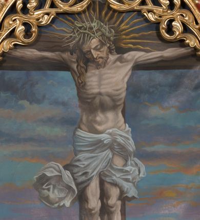 Zdjęcie nr 1: Obraz w kształcie stojącego prostokąta przedstawiający Chrystusa Ukrzyżowanego. W centrum kompozycji ukazany Chrystus przybity do krzyża na tle górskiego pejzażu. Ciało zawieszone na wyprostowanych ramionach, głowa delikatnie pochylona w dół. Twarz podłużna z długim i prostym nosem, zamkniętymi oczami, okolona krótką i kręconą brodą. Włosy długie, brązowe, opadające na prawe ramię i plecy. Na głowie zielona korona cierniowa o długich kolcach, a wokół niej złoty, promienisty nimb o promieniach naprzemiennie prostych i falowanych. Chrystus ma założone wokół bioder białe perizonium, silnie drapowane z jednym końcem rozwianym po lewej stronie obrazu. Karnacja ciała bladoszara. Krzyż prosty, szeroki, jasnobrązowy, nad głową Chrystusa wisi tabliczka z napisem „I[ESUS] N[AZARENUS] R[EX] J[UDEORUM]”. Kolorystyka obrazu pastelowa. Tło niebieskie z  chmurami w odcieniach fioletowo-pomarańczowych.