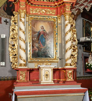 Zdjęcie nr 2: Ołtarz architektoniczny, jednokondygnacyjny, jednoosiowy, ze zwieńczeniem i drewnianą, sarkofagową mensą z kamiennym portatylem. Na mensie ołtarza kremowe tabernakulum w formie prostopadłościennej szafki, ujęte parą korynckich, złoconych półkolumienek, stojących na wyłamującym się, zdwojonym cokoliku, wspierających silnie wysunięty gzyms wieńczący. Drzwiczki w kształcie stojącego prostokąta, z prostokątną płyciną zwieńczoną łukiem półkolistym, zdobioną płaskorzeźbionym motywem kielicha, hostii, kłosów zboża i winnych gron.  Retabulum na cokole, ujęte parą pilastrów korynckich, z kanelurowaniem do połowy trzonu i parą filarów, na tle których ustawiona jest para kolumn akantowych o spiralnie skręconych trzonach. Podpory wspierają wyłamujące się ponad nimi belkowanie o wysuniętym gzymsie. Zwieńczenie w formie stojącego owalu ujętego ażurową, akantową ramą, flankowane przerwanym, wklęsło wypukłym przyczółkiem. Dolne naroża antepedium zdobione motywem lwiej łapy ujętej parą wolut, z liściem akantu w zwieńczeniu. Pola cokołu, dolna partia pola środkowego i pola wewnątrz wnęki, oraz fryz retabulum zdobiony motywem wici akantowej. Na trzonach kolumn retabulum spiralnie oplatająca ją wić roślinna. Cześć środkowa retabulum ujęta parą ażurowych, akantowych uszaków. Pole środkowe w formie wnęki w kształcie stojącego prostokąta z przedstawieniem Matki Boskiej Nieustającej Pomocy oraz Niepokalanego Poczęcia Najświętszej Marii Panny na zasuwie. W zwieńczeniu pole obrazowe w kształcie stojącego owalu z przedstawieniem Veraicon. Na gzymsie przyczółka para siedzących aniołków. Kolorystyka struktury ołtarza w odcieniach szarości i czerwieni; ornamentyka i fragmenty detali architektonicznych złocone.  