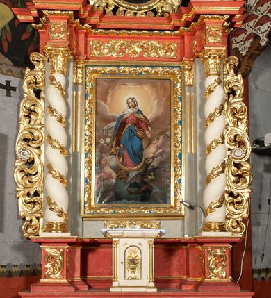 Zdjęcie nr 1: Ołtarz architektoniczny, jednokondygnacyjny, jednoosiowy, ze zwieńczeniem i drewnianą, sarkofagową mensą z kamiennym portatylem. Na mensie ołtarza kremowe tabernakulum w formie prostopadłościennej szafki, ujęte parą korynckich, złoconych półkolumienek, stojących na wyłamującym się, zdwojonym cokoliku, wspierających silnie wysunięty gzyms wieńczący. Drzwiczki w kształcie stojącego prostokąta, z prostokątną płyciną zwieńczoną łukiem półkolistym, zdobioną płaskorzeźbionym motywem kielicha, hostii, kłosów zboża i winnych gron.  Retabulum na cokole, ujęte parą pilastrów korynckich, z kanelurowaniem do połowy trzonu i parą filarów, na tle których ustawiona jest para kolumn akantowych o spiralnie skręconych trzonach. Podpory wspierają wyłamujące się ponad nimi belkowanie o wysuniętym gzymsie. Zwieńczenie w formie stojącego owalu ujętego ażurową, akantową ramą, flankowane przerwanym, wklęsło wypukłym przyczółkiem. Dolne naroża antepedium zdobione motywem lwiej łapy ujętej parą wolut, z liściem akantu w zwieńczeniu. Pola cokołu, dolna partia pola środkowego i pola wewnątrz wnęki, oraz fryz retabulum zdobiony motywem wici akantowej. Na trzonach kolumn retabulum spiralnie oplatająca ją wić roślinna. Cześć środkowa retabulum ujęta parą ażurowych, akantowych uszaków. Pole środkowe w formie wnęki w kształcie stojącego prostokąta z przedstawieniem Matki Boskiej Nieustającej Pomocy oraz Niepokalanego Poczęcia Najświętszej Marii Panny na zasuwie. W zwieńczeniu pole obrazowe w kształcie stojącego owalu z przedstawieniem Veraicon. Na gzymsie przyczółka para siedzących aniołków. Kolorystyka struktury ołtarza w odcieniach szarości i czerwieni; ornamentyka i fragmenty detali architektonicznych złocone.  