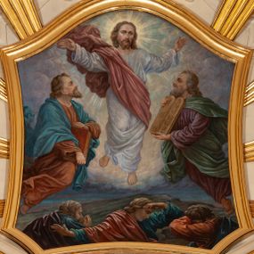 Zdjęcie nr 1: Obraz w formie stojącego prostokąta zamkniętego łukiem wklęsło-wypukłym, o ściętych dolnych narożach i lekko wklęsłych bokach. Kompozycja wielofiguralna, dwustrefowa, symetryczna, ze sceną Przemienienia na górze Tabor. W dolnej części trzej śpiący apostołowie ze św. Janem w centrum, ukazani w półpostaci. Apostoł po lewej ubrany jest w niebieską suknię i fioletowy płaszcz, apostoł pośrodku w niebieską suknię i czerwony płaszcz, a kolejny w czerwoną suknię i niebieski płaszcz. Powyżej, centralnie unoszący się na obłokach Chrystus o rękach rozłożonych na boki i uniesionych ku górze. Ubrany jest w białą suknię oraz czerwony płaszcz przerzucony przez prawe ramię z końcem rozwianym za plecami. Po bokach analogicznie przedstawieni Eliasz z księgą (z lewej) oraz Mojżesz trzymający tablice praw (po prawej), obaj ukazani z profilu, zwróceni ku Chrystusowi. Eliasz ubrany w jasnobrązową suknię i niebieski płaszcz. Mojżesz odziany w fioletową suknię i zielony płaszcz. W tle sumarycznie potraktowany krajobraz góry Tabor, powyżej niebo pełne skłębionych obłoków, rozświetlone wokół postaci Chrystusa z nimbem promienistym wokół jego głowy. Kolorystyka intensywna, silny światłocień. Rama drewniana, profilowana i złocona.