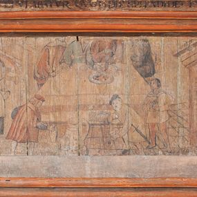 Zdjęcie nr 1: Prospekt organowy prostopadłościenny, z wydzielonym cokołem, jednoosiowy, jednokondygnacyjny. Część cokołowa podzielona prostokątnymi płycinami. Cześć górna z piszczałkami od czoła lekko wypukła, zwieńczona trójkątnie, ujęta rzeźbioną kotarą zakończoną frędzlami, podwiązaną pośrodku i po bokach złotymi sznurami. Poniżej, pośrodku aplikowana dekoracja z motywem liry przeplecionej gałązką oliwną. Na bokach prospektu ramy wypełnione ukośną kratką. Całość struktury polichromowana na jasnozielony kolor, profilowania ciemnobrązowe, detal architektoniczny pozłacany