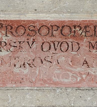 Zdjęcie nr 4: Epitafium w oprawie architektonicznej w formie aedikuli z płaskorzeźbioną półpostacią zmarłego oraz tablicą z inskrypcją; ujęte zdwojonymi pilastrami o kapitelach korynckich; trzony do połowy wysokości dekorowane płycinami, powyżej festonami i chwostami. Podpory dźwigają imposty zakończone cokołami z kulami. Zewnętrzne pilastry z wolutą w połowie wysokości. U spodu dwie woluty dekorowane perełkowaniem i kwiatami z szyszką w formie cokołu z kulą. Ponad niszą płyta ujęta wolutami. Całość zwieńczona kartuszem z herbem Odrowąż (?) flankowanym wolutami z labrami w postaci bujnej dekoracji roślinnej oraz płaskorzeźbiona figurą Chrystusa Zmartwychwstałego. O MORS CIELDELLIS? NVLLUM EST LIBIDIMINE DIGNA / NAM NVLLI PARCIT NVLLAQ(VE) DONA IVVANT.